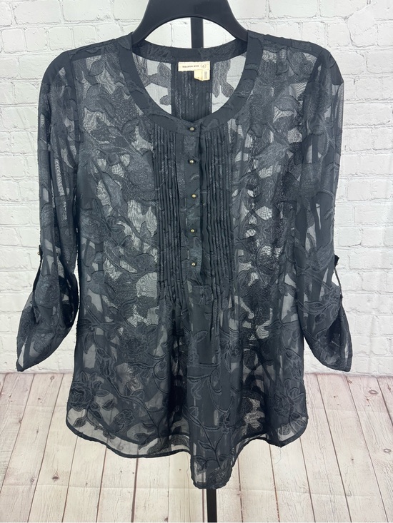 Meadow Rue Tops - Meadow Rue Black Floral Sheer Gold Button Down Back Pleated Blouse Size Small